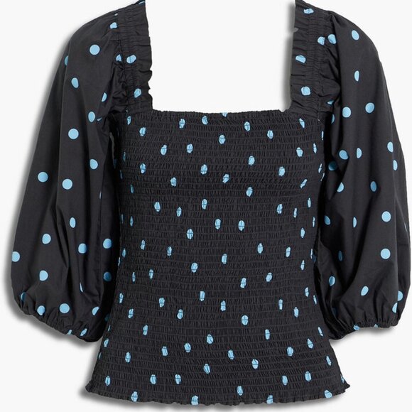 Ganni Shirred Smocked Ruffle Trimmed Polka Dot Cotton Poplin Top - Picture 4 of 9